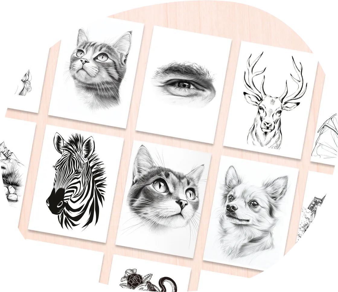 Katalog besar sketsa siap pakai, terus diperbarui dengan koleksi baru